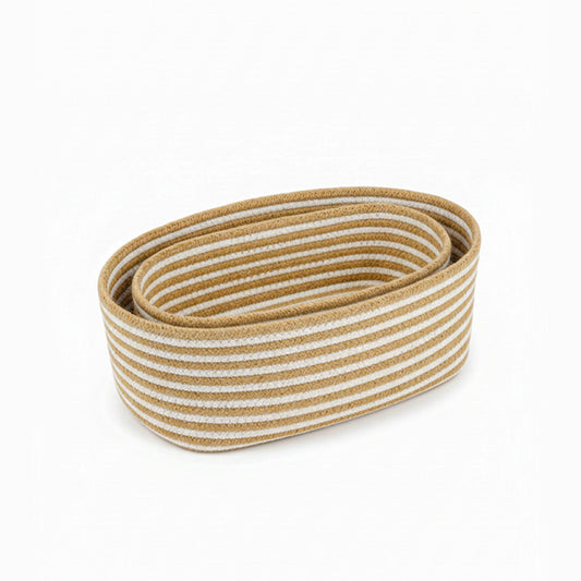 Striped Jute Storage Basket with Lid & Handle | Beige Rope Braided Organizer | 2 Pcs Set