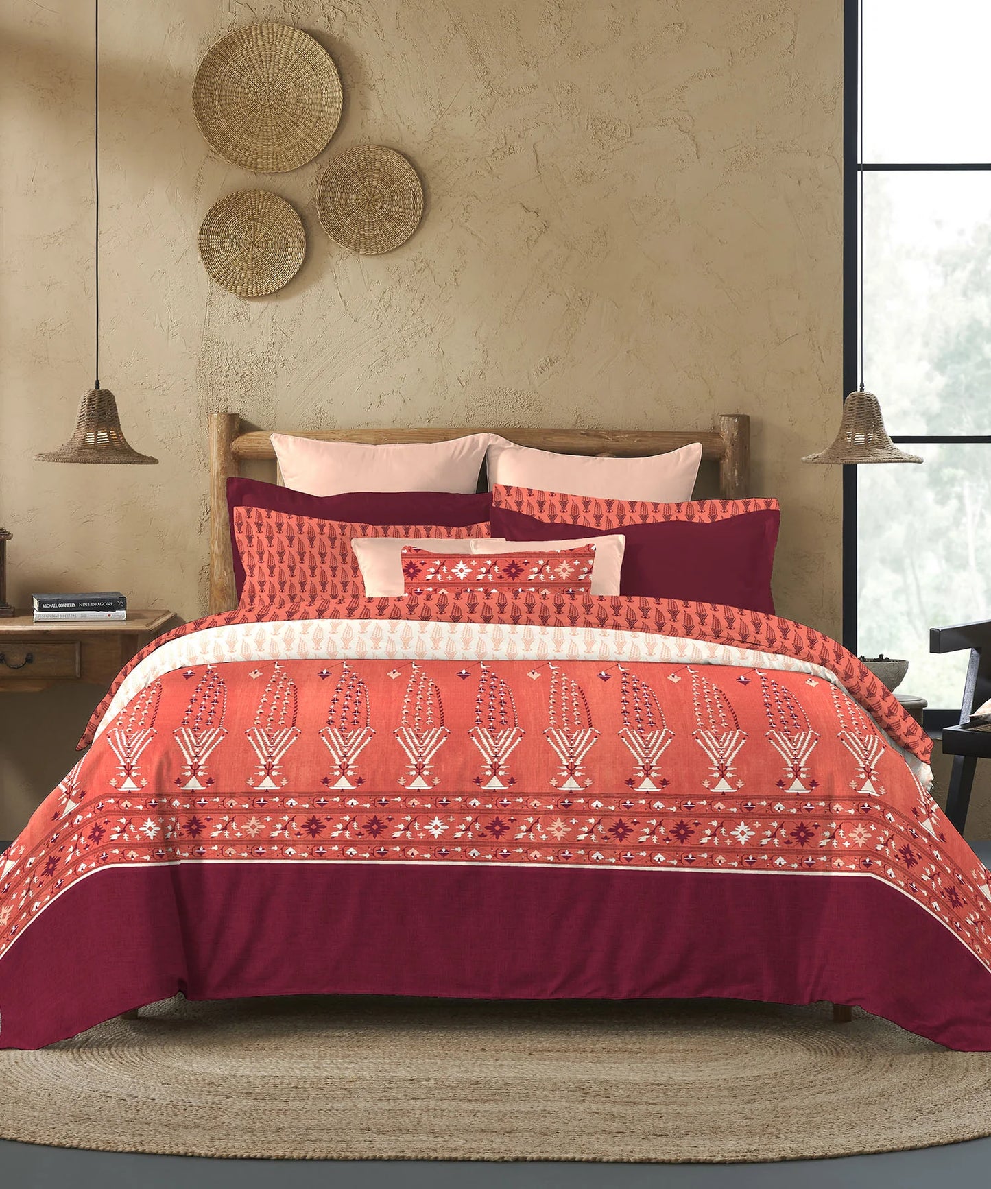 Enera Sanskriti Collection Paithani Red Color King Size Bedsheet Set