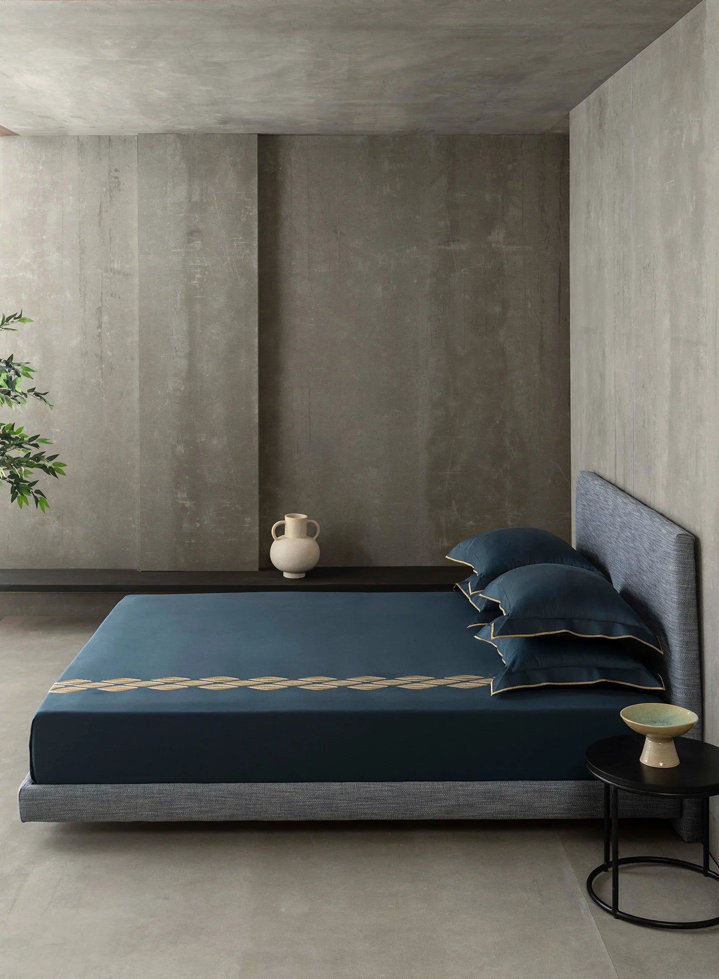 Sansaar Enchanted Elva Blue Opal Embroidered King Bedsheet 100% Cotton/ 300TC