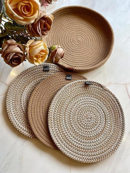 Saprose Crafted Round Dining & Side Table Mat – 23cm, Pack of 4 Include Cover - enera