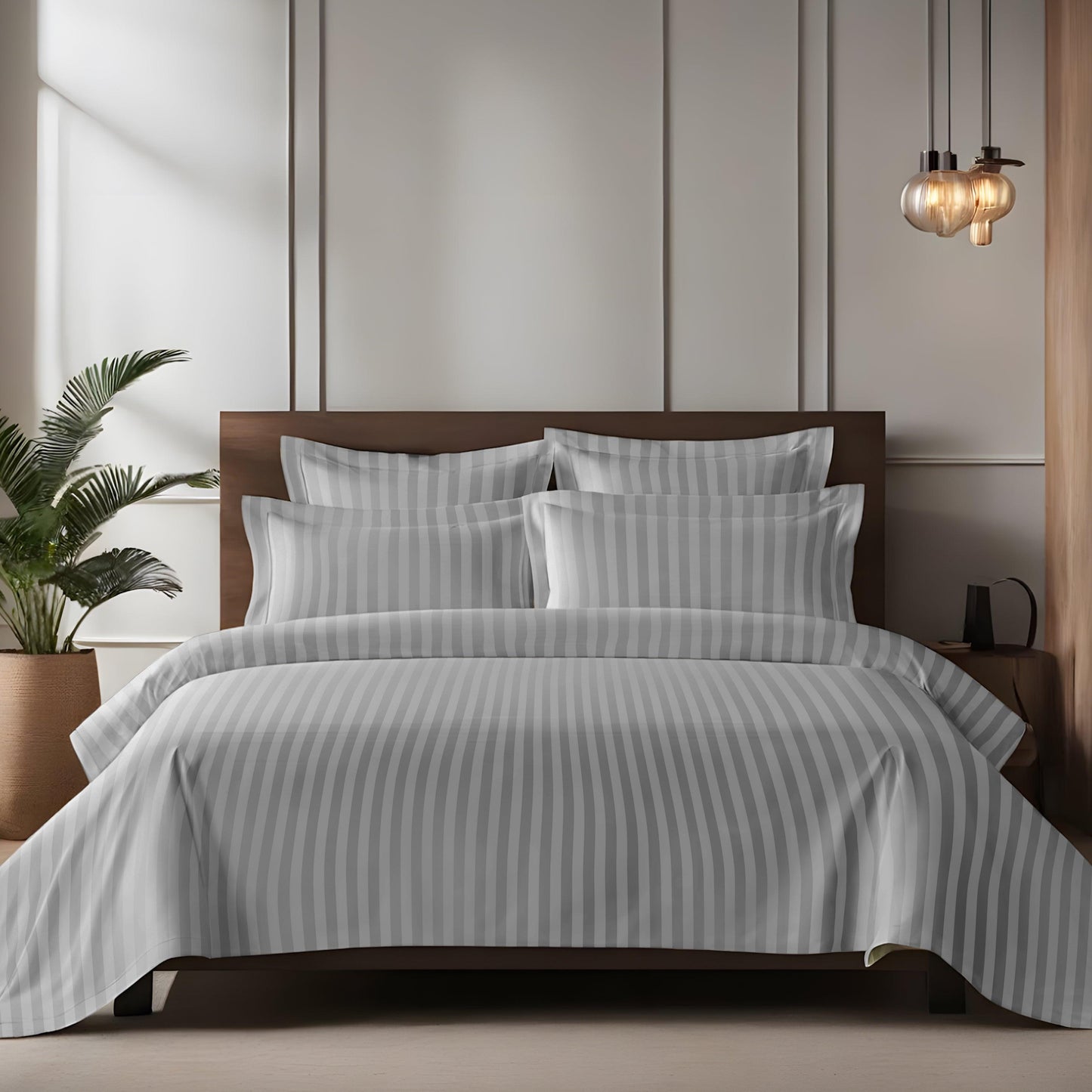 Enera Horizon Satin Stripe Obsidian Grey Color King Size double Bedsheet with 2 pillow covers - enera