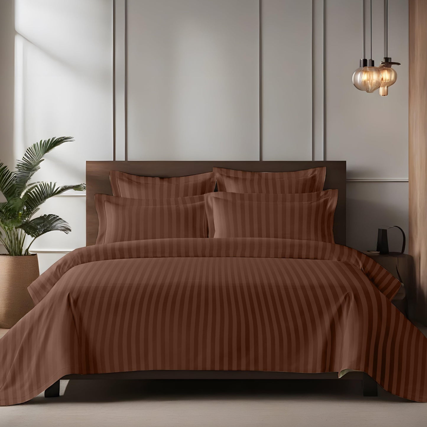 Enera Horizon Satin Stripe Mocha Earth Color King Size double Bedsheet with 2 pillow covers - enera