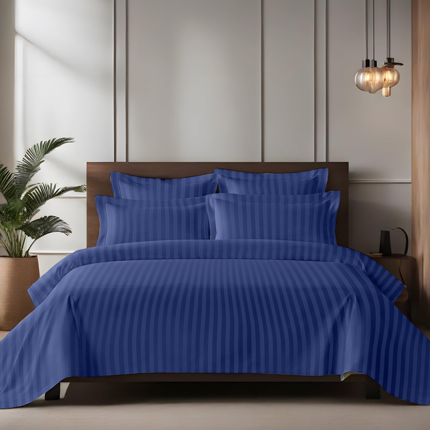 Enera Horizon Satin Stripe Indigo Blue color King Size double Bedsheet with 2 pillow covers - enera
