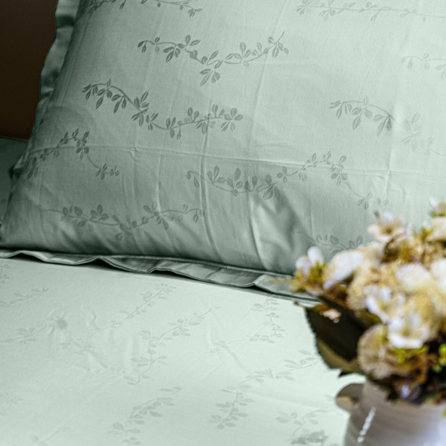 Enera Jacquard Tendril Collection Sage Green Color King Size Bedsheet