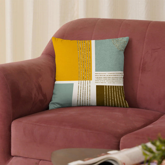 Enera Marc Velvet Fozla Check Yellow Blue Color 16x16 Inch Cushion Cover - enera