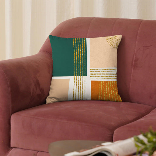 Enera Marc Velvet Fozla Check Teal Sand Color 16x16 Inch Cushion Cover - enera