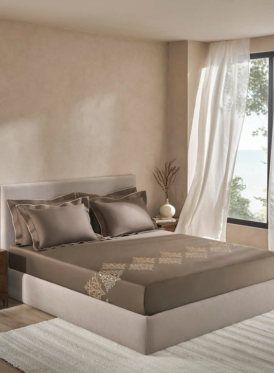 Embroidered Lindley Charcoal 100% Cotton King Size Bedsheet Set with 2 Pillow Covers