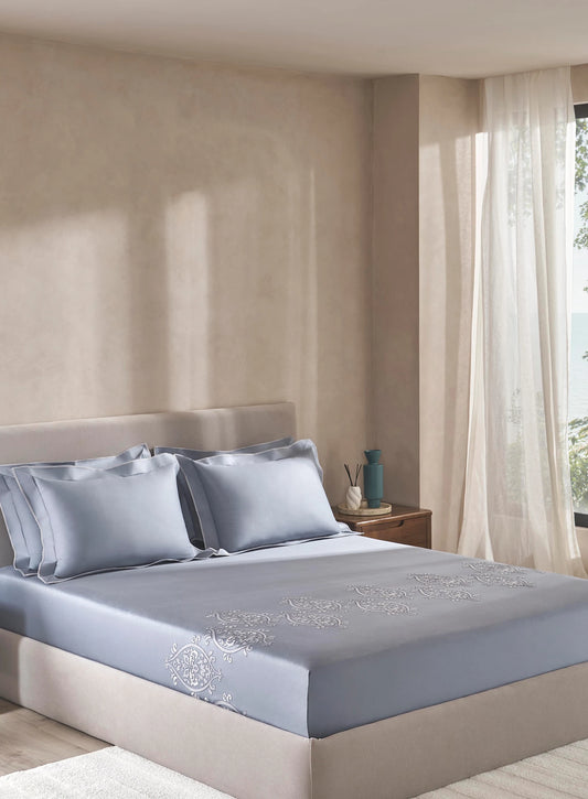 Embroidered Kelstone Denim 100% Cotton King Size Bedsheet Set with 2 Pillow Covers