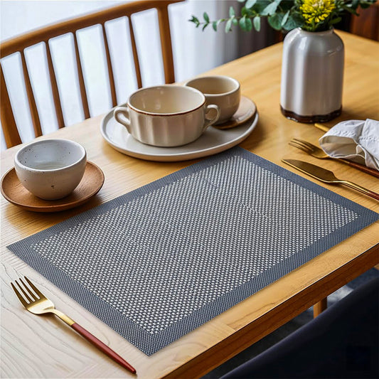 Woven Pvc Check Table Mat Silver Black 30cm x 45cm, ( Pack of 6 )
