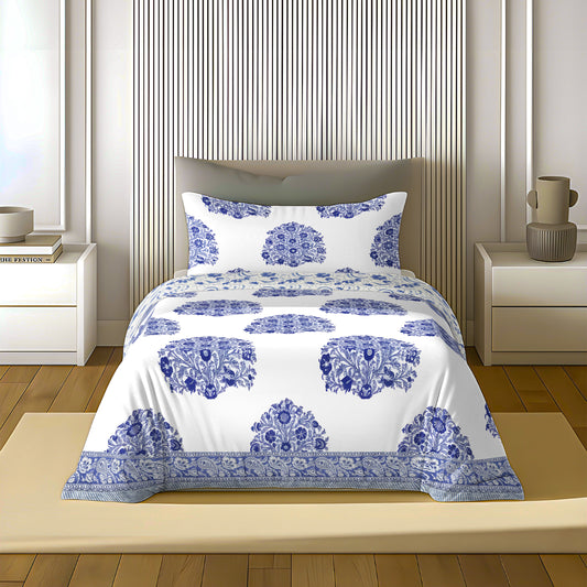 Ocean Jaipuri Rajmudra Quilt Blue | 100% Cotton | Single Bed Comforter