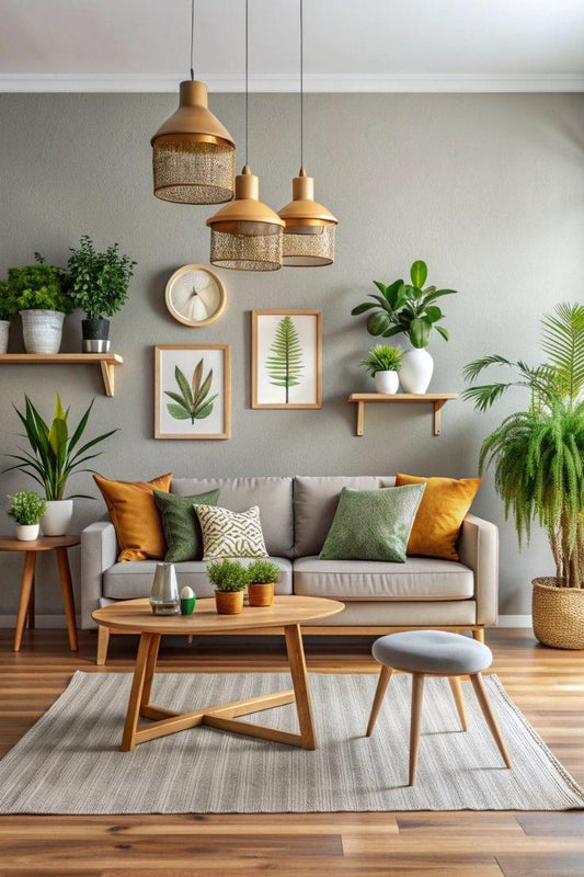 Modern living room with beige sofa, green and orange throw pillows, indoor plants, wooden coffee table, and botanical wall art