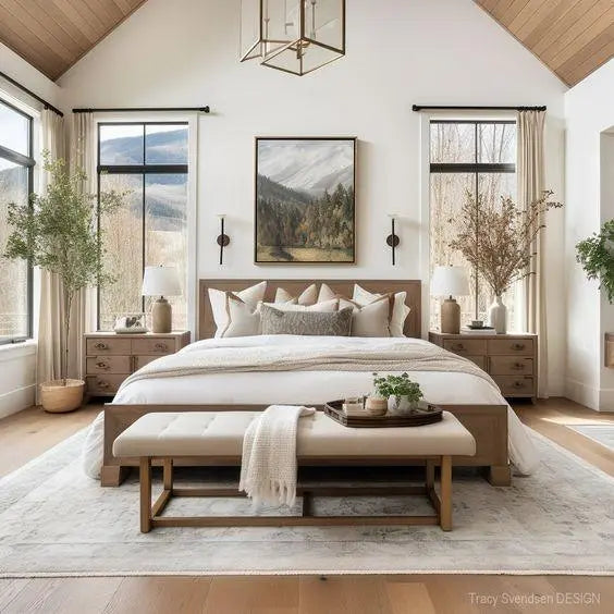 Modern bedroom with a neatly made bed, white bedding, decorative pillows, bench, and natural light.