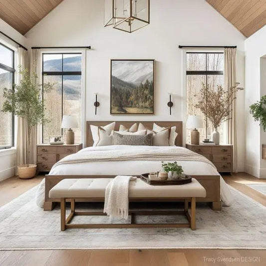 Modern bedroom with a neatly made bed, white bedding, decorative pillows, bench, and natural light.