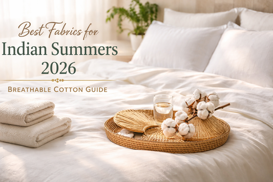 Soft cotton bedsheets on a bright bed with towels and cotton flowers, breathable fabric guide