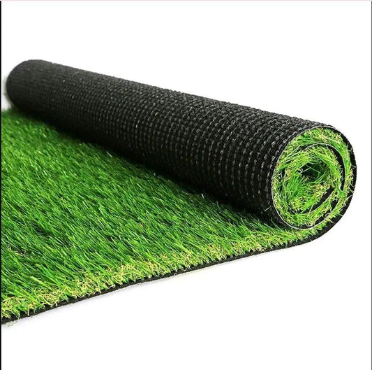 Rolled green artificial grass mat with black non-slip backing, ideal for home decor and lawns
