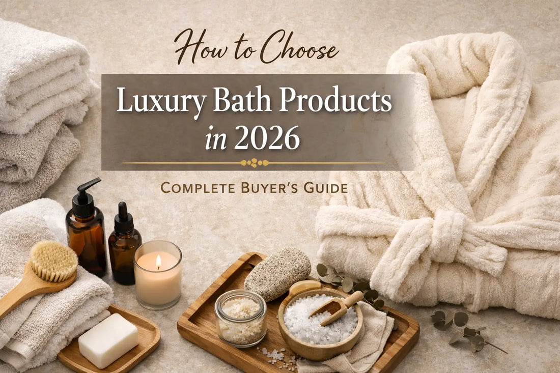Luxury bath products including towels, bathrobe, candles, bath salts, and spa accessories