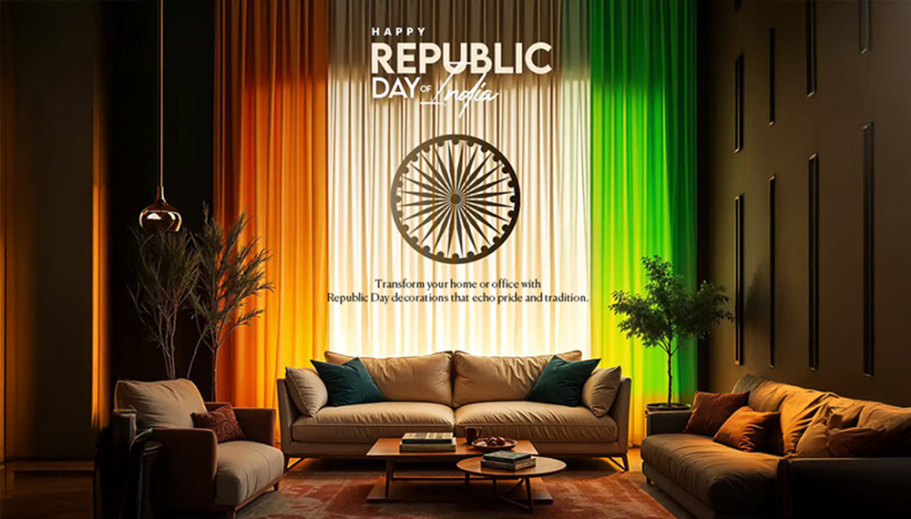 Modern living room with sofas, pillows, and Republic Day tricolor drapes in the background.