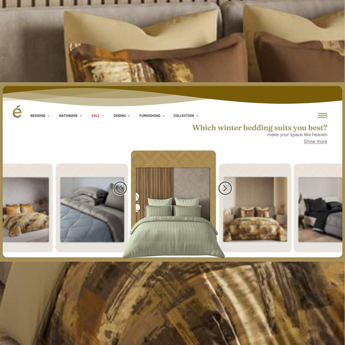 Homepage featuring luxury winter bedding sets, pillows, and comforters in neutral tones