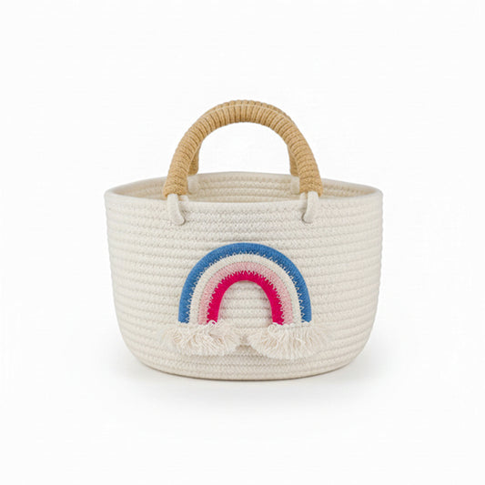 Rainbow Oval Cotton Jute Storage Basket with Handle – White | Multipurpose Organizer (1pc)