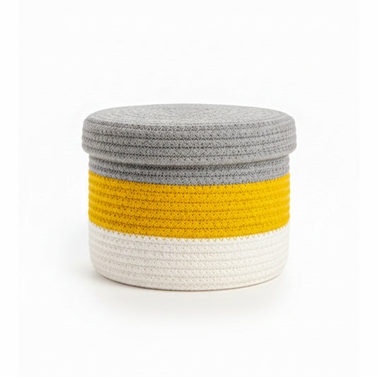 Braided Cotton Storage Basket with Lid & Handle | Grey & Yellow | Multipurpose Organizer (1pc)
