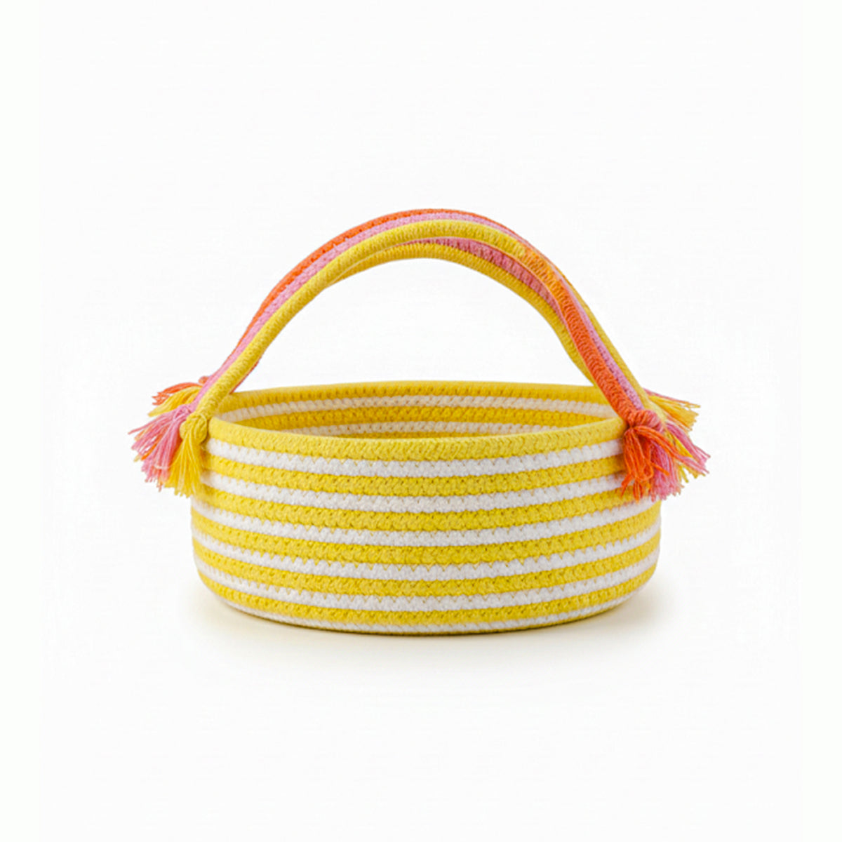Coiled Jute Storage Basket – Round White & Yellow with Handle (1pc)