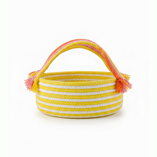 Coiled Jute Storage Basket – Round White & Yellow with Handle (1pc)