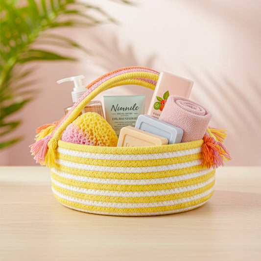 Coiled Jute Storage Basket – Round White & Yellow with Handle (1pc)