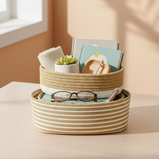 Striped Jute Storage Basket with Lid & Handle | Beige Rope Braided Organizer | 2 Pcs Set