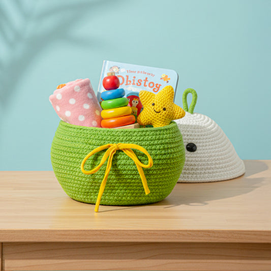 Cotton Rope Storage Basket with Lid & Handle – Green, Multipurpose Organizer (1 Pc)
