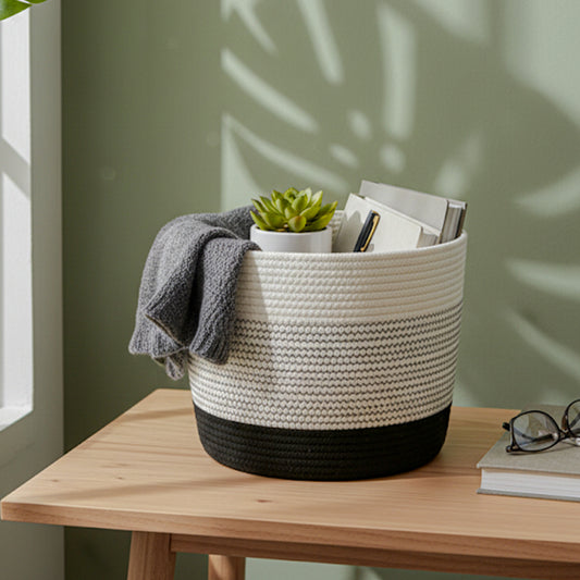 Cotton Rope Storage Basket with Lid & Handle – Black & White | Multipurpose Organizer (1 Pc)