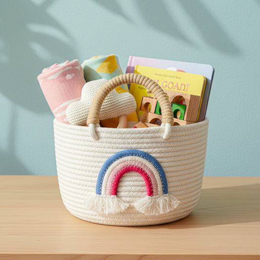 Rainbow Oval Cotton Jute Storage Basket with Handle – White | Multipurpose Organizer (1pc)