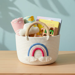 Rainbow Oval Cotton Jute Storage Basket with Handle – White | Multipurpose Organizer (1pc)