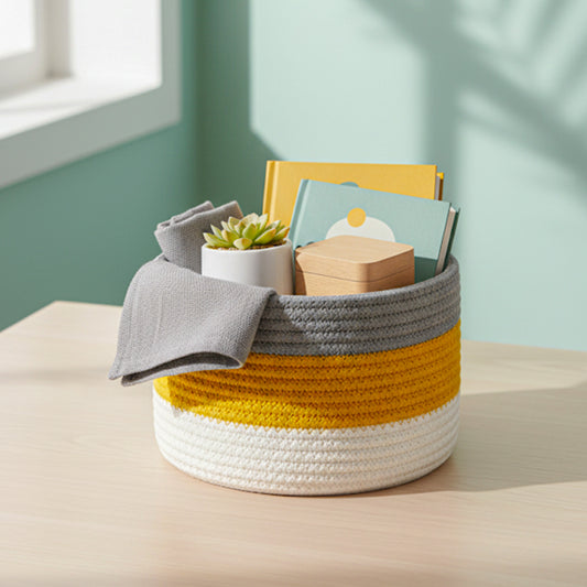 Braided Cotton Storage Basket with Lid & Handle | Grey & Yellow | Multipurpose Organizer (1pc)