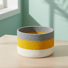 Braided Cotton Storage Basket with Lid & Handle | Grey & Yellow | Multipurpose Organizer (1pc)