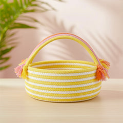 Coiled Jute Storage Basket – Round White & Yellow with Handle (1pc)