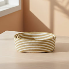 Striped Jute Storage Basket with Lid & Handle | Beige Rope Braided Organizer | 2 Pcs Set