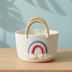 Rainbow Oval Cotton Jute Storage Basket with Handle – White | Multipurpose Organizer (1pc)