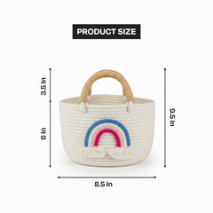 Rainbow Oval Cotton Jute Storage Basket with Handle – White | Multipurpose Organizer (1pc)