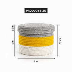 Braided Cotton Storage Basket with Lid & Handle | Grey & Yellow | Multipurpose Organizer (1pc)