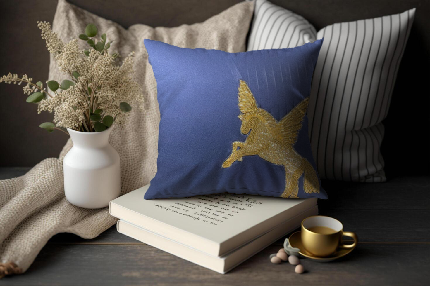 K. Niketan Pegasus Royal Blue Cushion Cover 16 x 16 | Elegant & Bold | Enera