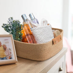 Enera Beige Foldable Jute Storage Basket with Lid & Handle