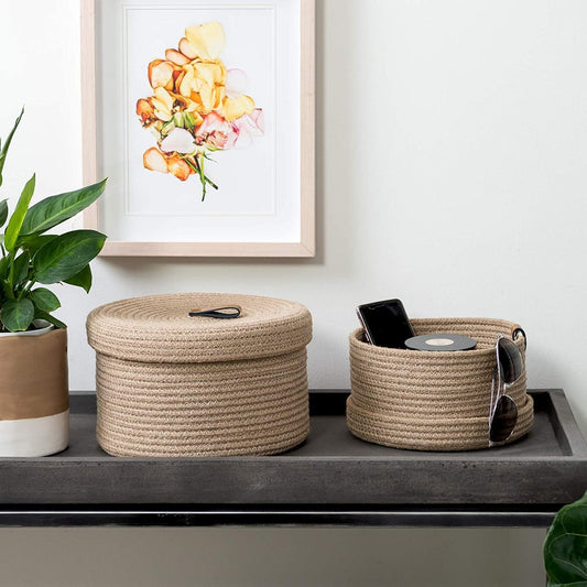 Enera Beige Jute Foldable Storage Basket with Lid | 2 Pcs Set