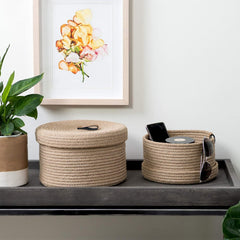 Enera Beige Jute Foldable Storage Basket with Lid | 2 Pcs Set