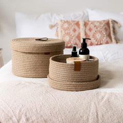 Enera Beige Jute Foldable Storage Basket with Lid | 2 Pcs Set