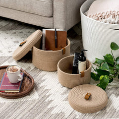 Enera Beige Jute Foldable Storage Basket with Lid | 2 Pcs Set