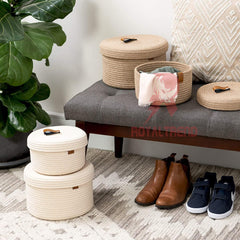 Enera Beige Jute Foldable Storage Basket with Lid | 2 Pcs Set