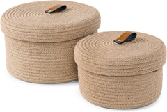 Enera Beige Jute Foldable Storage Basket with Lid | 2 Pcs Set