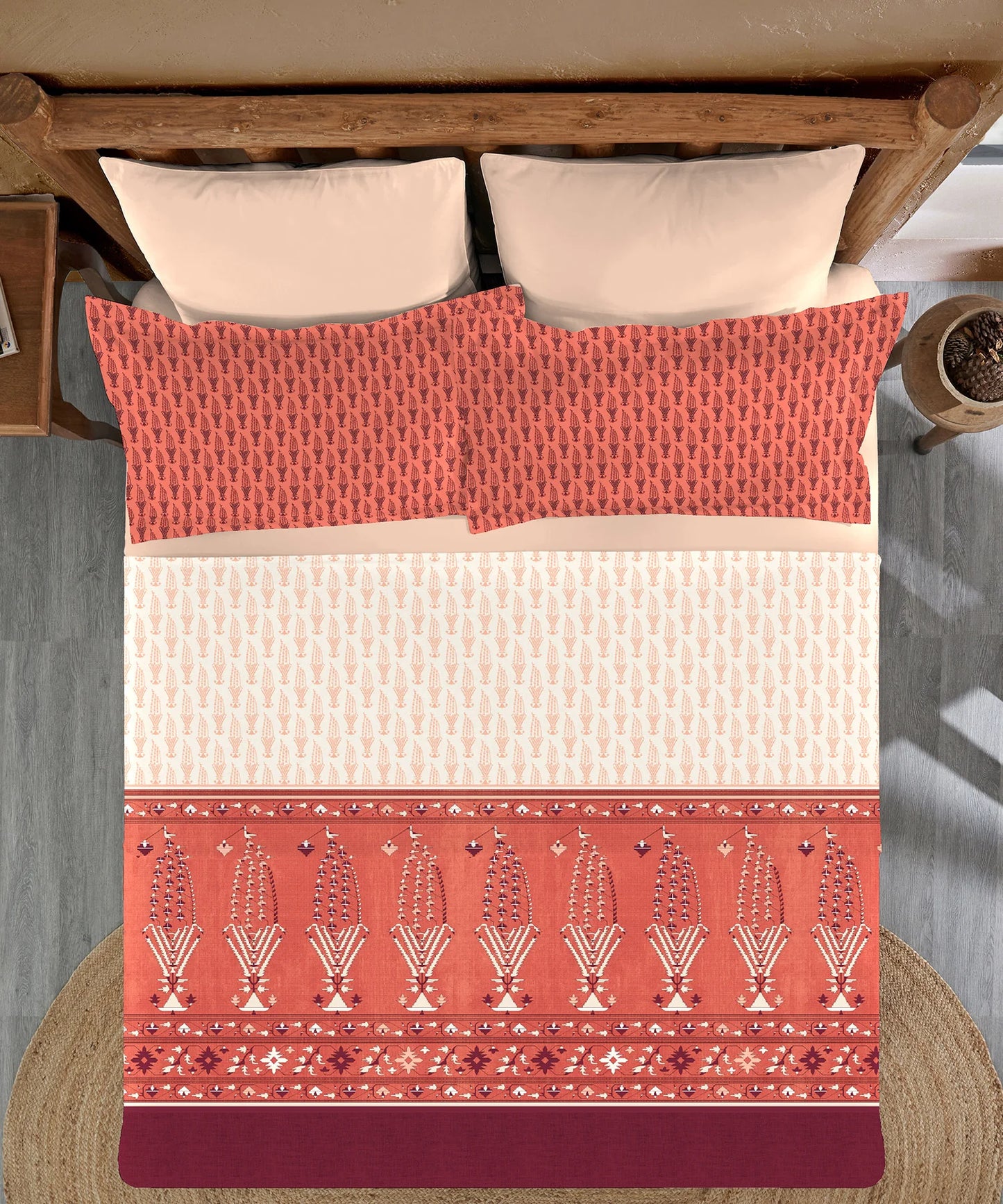 Enera Sanskriti Collection Paithani Red Color King Size Bedsheet Set