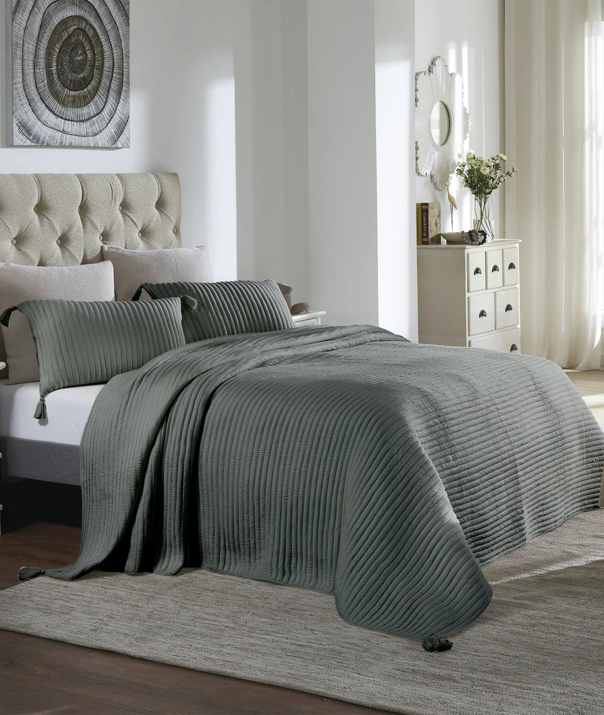 Pluchi Medium Grey 100% Cotton Knitted King Size Bed Cover With 2 Pillow Covers