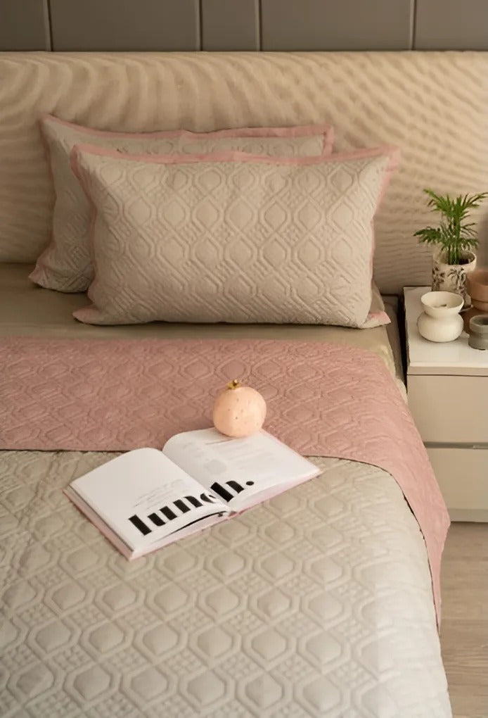 Sadyaska Prime King Size Bed Cover | Malta Beige & Old Rose | Enera